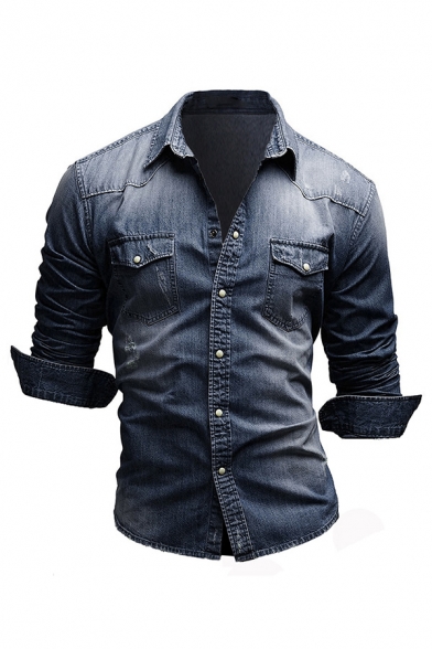 Vintage Style Plain Long Sleeve Button Up Slim  Fit Wash Faded Denim Shirt for Men