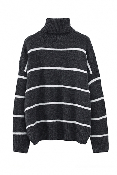 Warm Soft Long Sleeve Turtle Neck Stripe Print Baggy Purl-Knit Pullover Sweater for Women