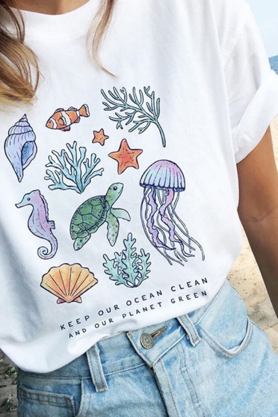 White Cartoon Sea-Life Letter KEEP OUR OCEAN CLEAN AND OUR PLANET GREEN Short Sleeve Tee
