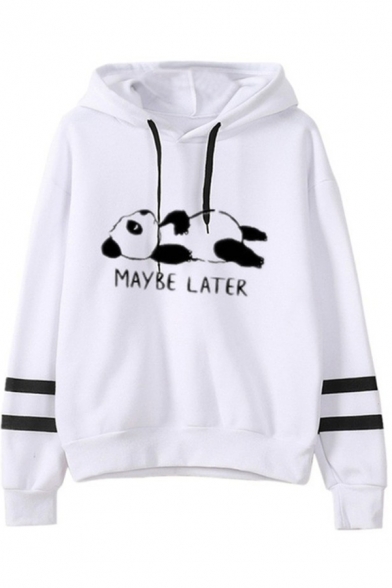 Women's Casual Long Sleeve Drawstring MAYBE LATER Letter Panda Print Relaxed Varsity Striped Hoodie