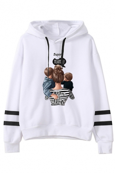 Women's Cute Popular Long Sleeve Hooded Drawstring Mommy and Kids Patterned Loose Fit Varsity Striped Hoodie in White