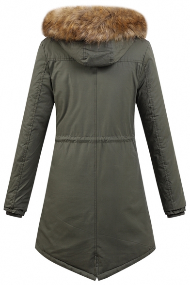 Women's Warm Winter Long Sleeve Hooded Button Down Drawstring Zipper Detail Sherpa Trim Loose Midi Plain Down Coat