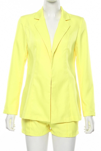 Womens Elegant Solid Color Notched Collar Long Sleeve Blazer Coat with Loose Belted Shorts