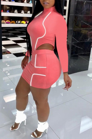 Womens Sport Fashion Reflective Tape Panel Long Sleeve High Neck Bodysuit with Mini Skirt Co-ords