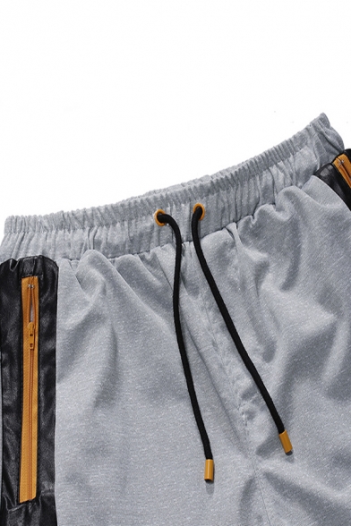 Active Color Block Zipper Pocket PU Leather Panel Drawstring Waist Casual Pants