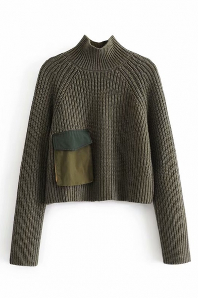 

Army Green High Collar Long Sleeve Patched Flap Pocket Purl-Knit Cropped Sweater, LM579790