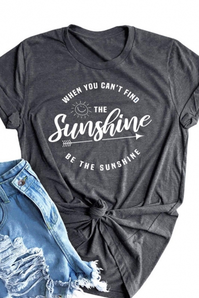 Basic Cozy Roll Up Sleeve Crew Neck Letter THE SUNSHINE Arrow and Sun Printed Loose T-Shirt for Women