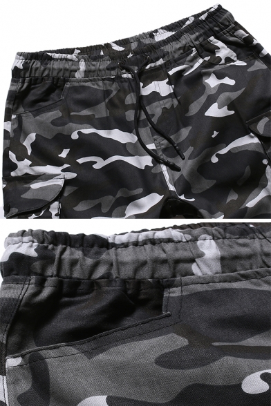 Black Camouflage Pattern Side Flap Pocket Drawstring Waist Straight Fit Cargo Shorts