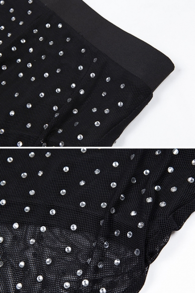 Black Sexy Rhinestone Embellishment Tied Halter Top with Shorts Triangle Bikini Set