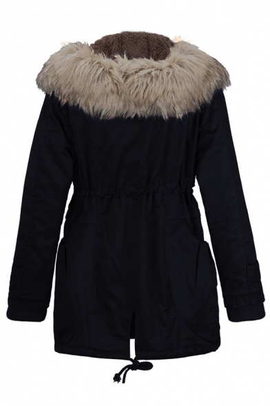Casual Cozy Long Sleeve Hooded Zip Button Front Drawstring Pockets Side Relaxed Midi Plain Parka Coat for Women
