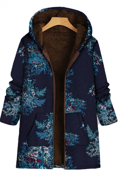 Casual Warm Long Sleeve Hooded Zipper Front Pockets Side Floral Pattern Sherpa Liner Baggy Coat for Women