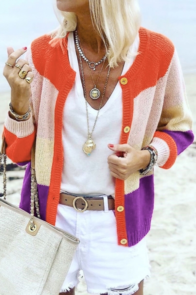 Casual Women's Long Sleeve Crew Neck Button Front Contrasted Loose Fit Knit Short Cardigan