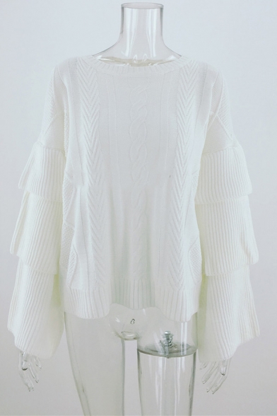 Chic Ladies' Tiered Sleeve Boat Neck Geo Print Cable Knit Baggy Pullover Sweater Top in White