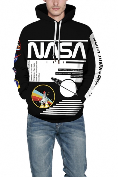 Classic Letter NASA Spaceship 3D Print Long Sleeve Unisex Black Pullover Hoodie