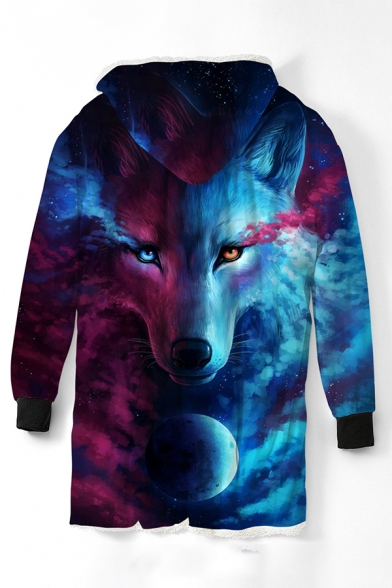 Cool Wolf 3D Printed Long Sleeve  Sherpa Lined Baggy Longline Hooded Toggle Coat