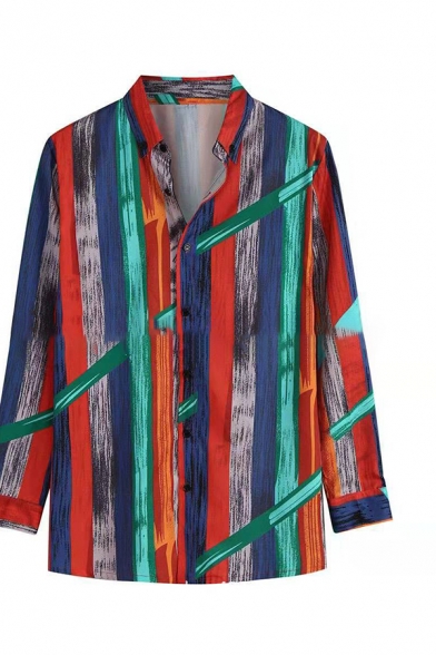 Creative Striped Painting Long Sleeve Turndown Collar Button Up Shirt for Men