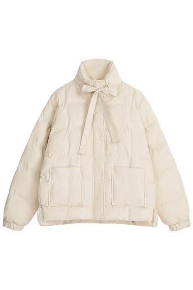 Cute Beige Long Sleeve Stand Collar Bow Tie Patched Pockets Thick Oversize Puffer Jacket for Girls
