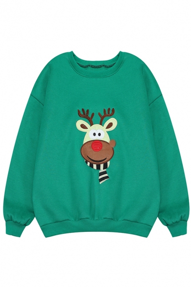 Cute Christmas Cartoon Embroidery Long Sleeve Round Neck Baggy Sweatshirt