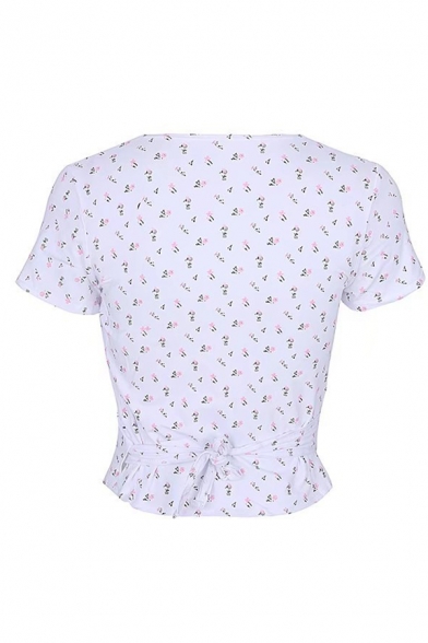 Cute Girls' Short Sleeve Surplice Neck All Over Floral Print Bow Tie Back Slim Fit Tee