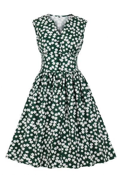 Cute Girls' Sleeveless V-Neck Button Down Floral Printed Midi Pleated A-Line Dress