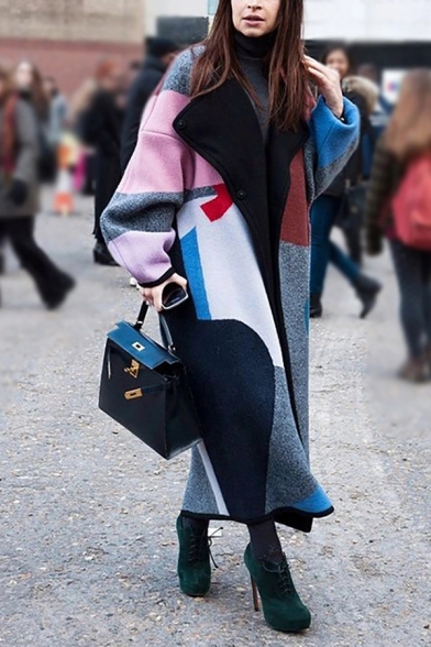 Dressy Designer Female Long Sleeve Turn Down Collar Geo Printed Boxy Maxi Coat in Grey