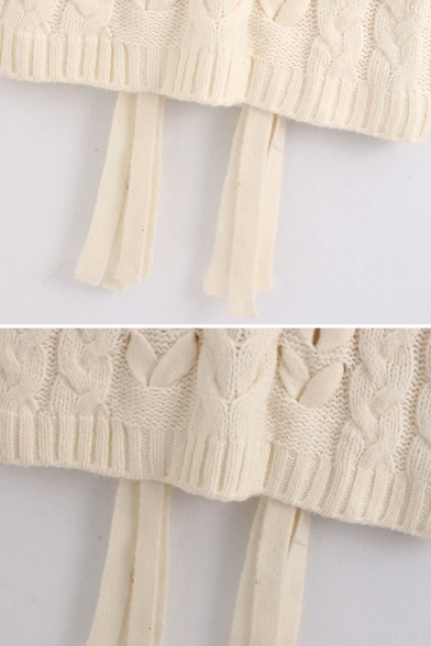Elegant Girls' Sleeveless Deep V-Neck Cable Knit Fringe Decoration Loose Pullover Sweater Vest in Beige