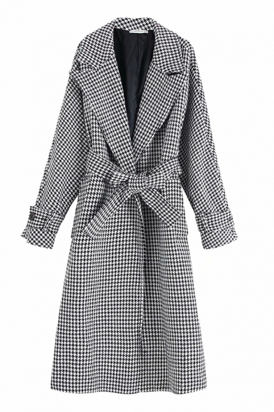 Elegant Ladies' Long Sleeve Notch Collar Bow Tie Waist Button Detail Houndstooth Printed Relaxed Fit Long Trench Coat in White