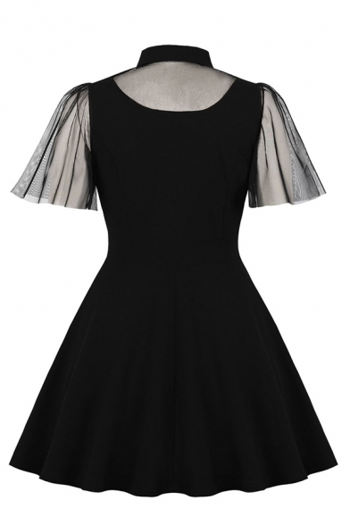 Fancy Black Short Sleeve Lapel Neck Sheer Mesh Patched Midi Pleated Flared Dress for Women