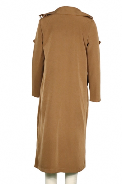 Fancy Fashion Ladies' Long Sleeve Notch Collar Loose Fit Plain Maxi Draped Trench Coat