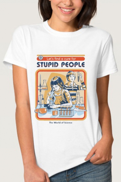 

Fancy Letter STUPID PEOPLE Printed Short Sleeve Round Neck White Graphic T-Shirt, LC582884