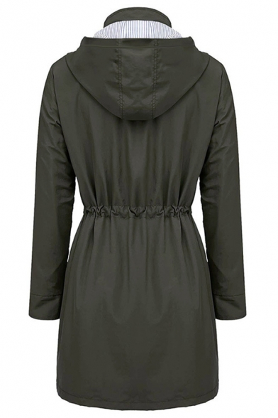 Fashion Street Women's Long Sleeve Hooded Zipper Button Down Drawstring Stripe Liner Loose Mid Plain Trench Coat