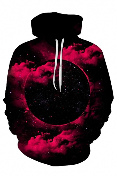 Fashion Universe Planet and Clouds 3D Pattern Long Sleeve Relaxed Loose Black Hoodie
