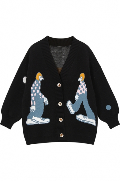 Funny Cartoon Character Printed Long Sleeve Button Down V-Neck Loose Knit Cardigan