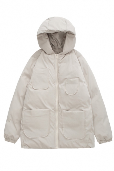 Girls' Fashion Warm Long Sleeve Hooded Zipper Front Utility Baggy White Puffer Jacket