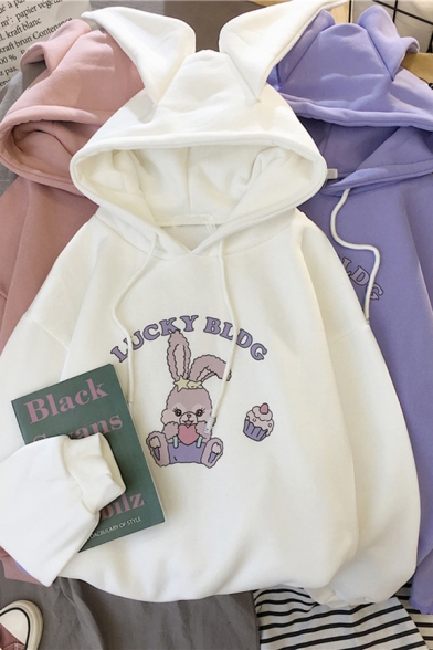 Girls' Lovely Long Sleeve Drawstring Letter LUCKY BLDG Rabbit Pattern Oversize Bunny Ear Hoodie