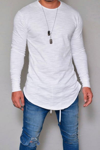 Hot Popular Solid Color Long Sleeves Round Neck Curved Hem Fitted T-Shirt