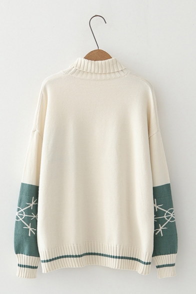 Lovely Cartoon Pattern Snowflake Color Block Long Sleeve High Collar Oversized Sweater