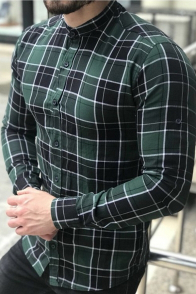 Men's Classic Plaid Printed Long Sleeve Stand Collar Slim Fitted Daily Shirt