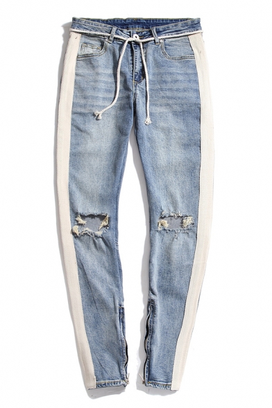Men's Leisure Daily Wear Knee Cut Side Tape Zipper Cuff Ripped Wash Faded Jeans