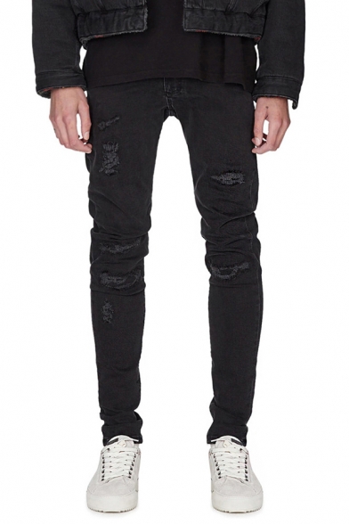 Mens Casual Ripped Shredded Jeans Stretch Fit Skinny Denim Pants