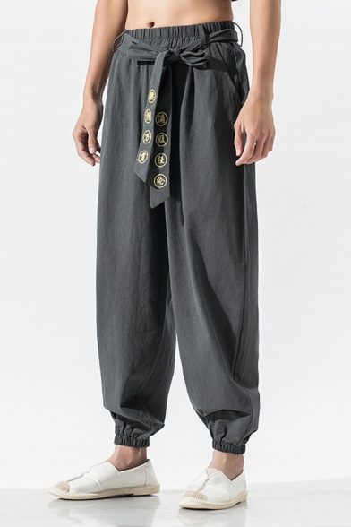 Mens Chic Chinese Letter Embroidery Belted Harem Pants Linen Baggy Trousers