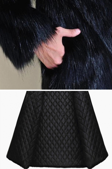 Mens Fancy Pattern Long Sleeve Colorblock Faux Fur Coat Longline Trench Coat