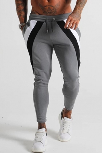 Mens Stylish Contrast Striped Drawstring Waist Skinny Fit Sweatpants with Pocket