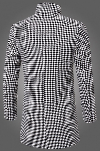 Metrosexual Men's Classic Houndstooth Print Long Sleeve Single Breasted Woolen Overcoat