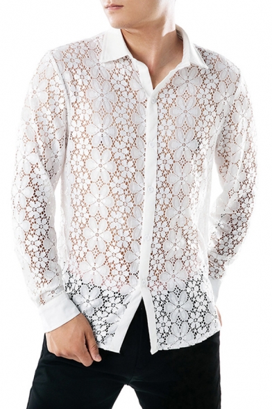 New Arrival Plain White Floral Printed Long Sleeve Button Up Sheer Lace Shirt