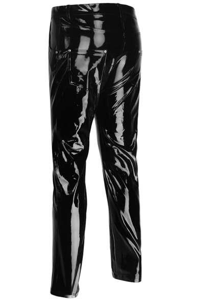 Nightclub Popular Relaxed Fit Black Patent Leather Pants for Men