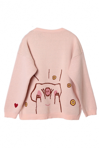 Pink Lovely Cartoon Pig Print Long Sleeve Round Neck Loose Relaxed Boucle Knit Sweater