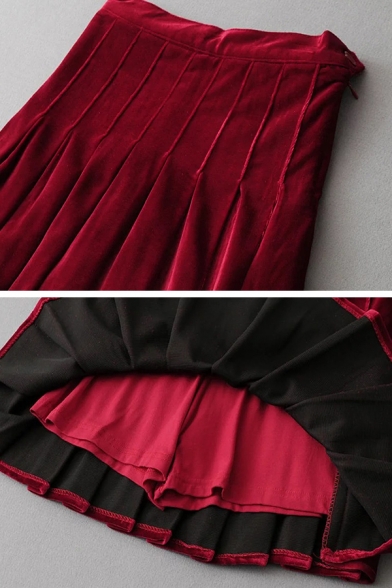 Preppy Girls' Pretty High Waist Velvet Plain Mini Pleated A-Line Skirt