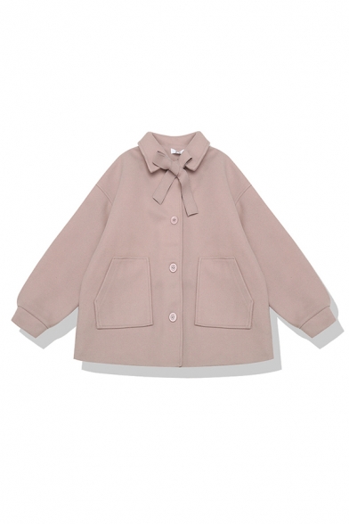 Preppy Looks Long Sleeve Lapel Neck Bow Tie Button Down Patched Pockets Plain Relaxed Jacket for Girls
