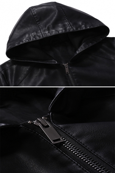 Simple Plain Black Long Sleeve Elastic Cuffs Zip Placket Slim PU Leather Hooded Jacket